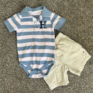 Tommy Hilfiger Baby Boy Outfit Set 12M | Striped Polo Bodysuit + Khaki Shorts